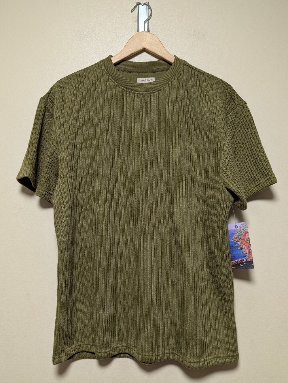 Massive Luxury Olive Green Knit Crochet Tee Medium NWT